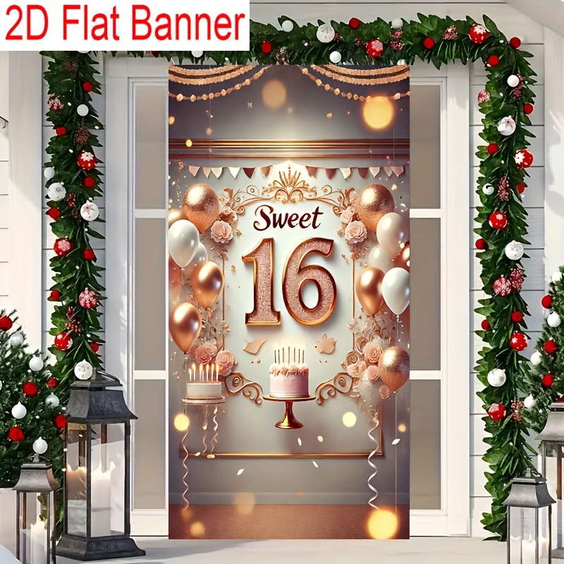Party Banner Gold - 2D deurdecoratiebanner, roségoud thema 16e verjaardag