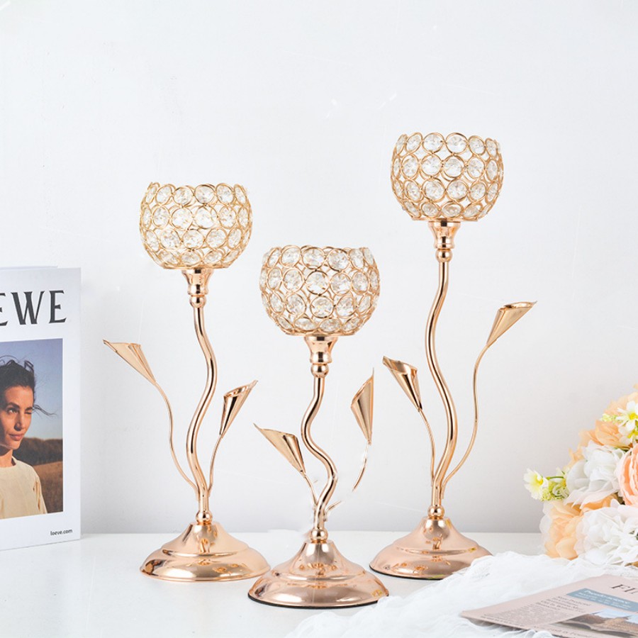 Centerpiece Stick - Gouden kristallen kandelaar, ijzeren bloemvormige kandelaar